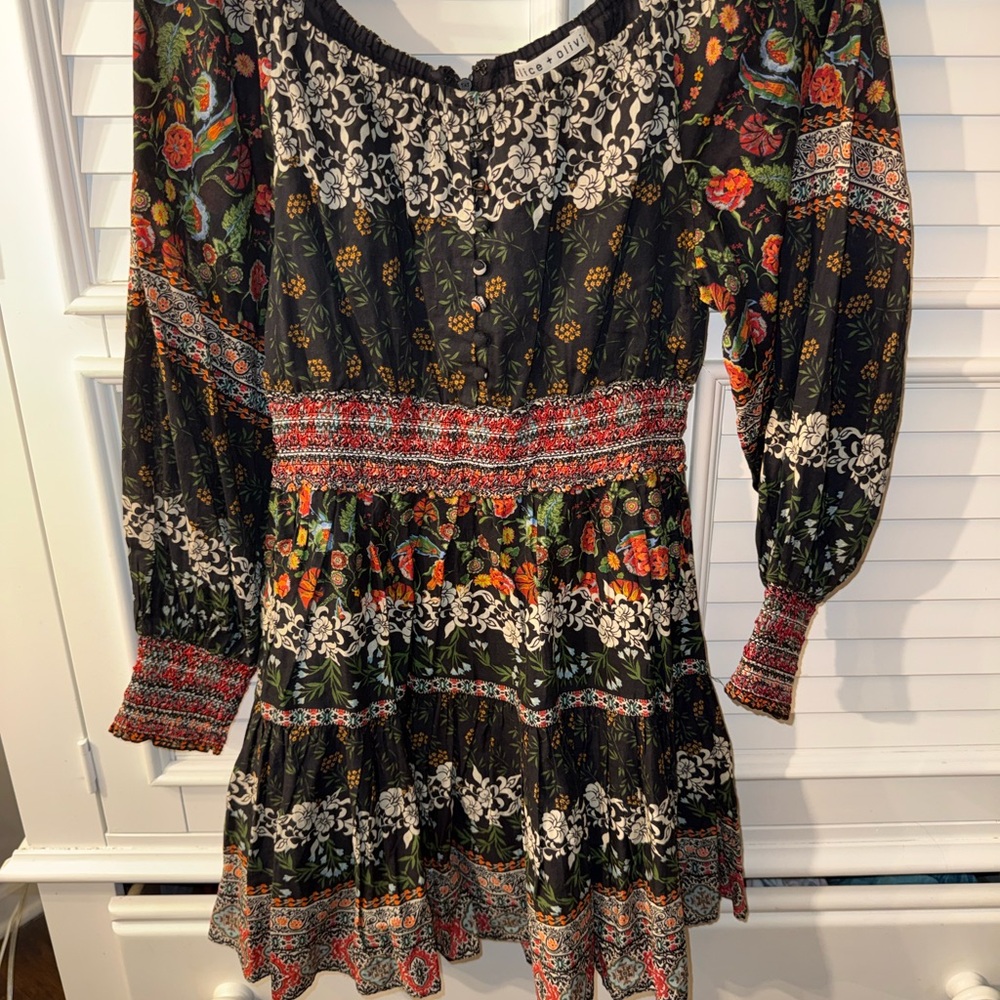 Alice + Olivia Clementina Paradise Floral Tiered Mini Dress Black Size 0 Boho - Picture 6 of 13